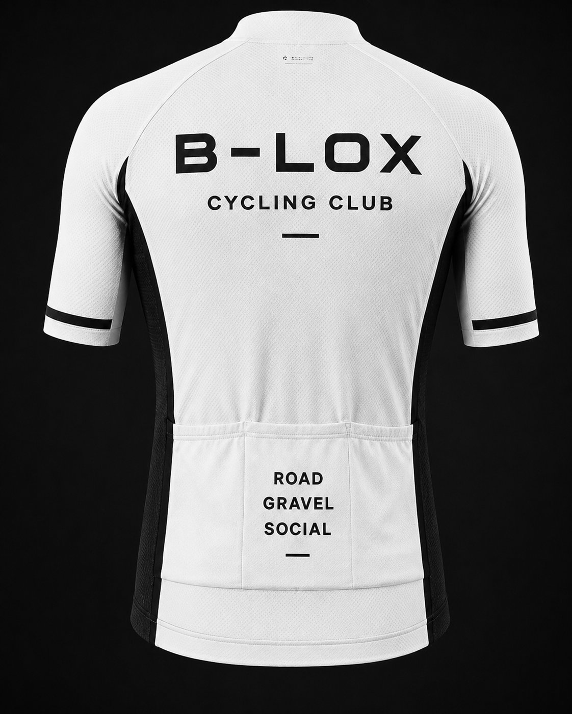 B-LOX jersey, back — white with B-LOX Cycling Club wordmark and Road Gravel Social pocket