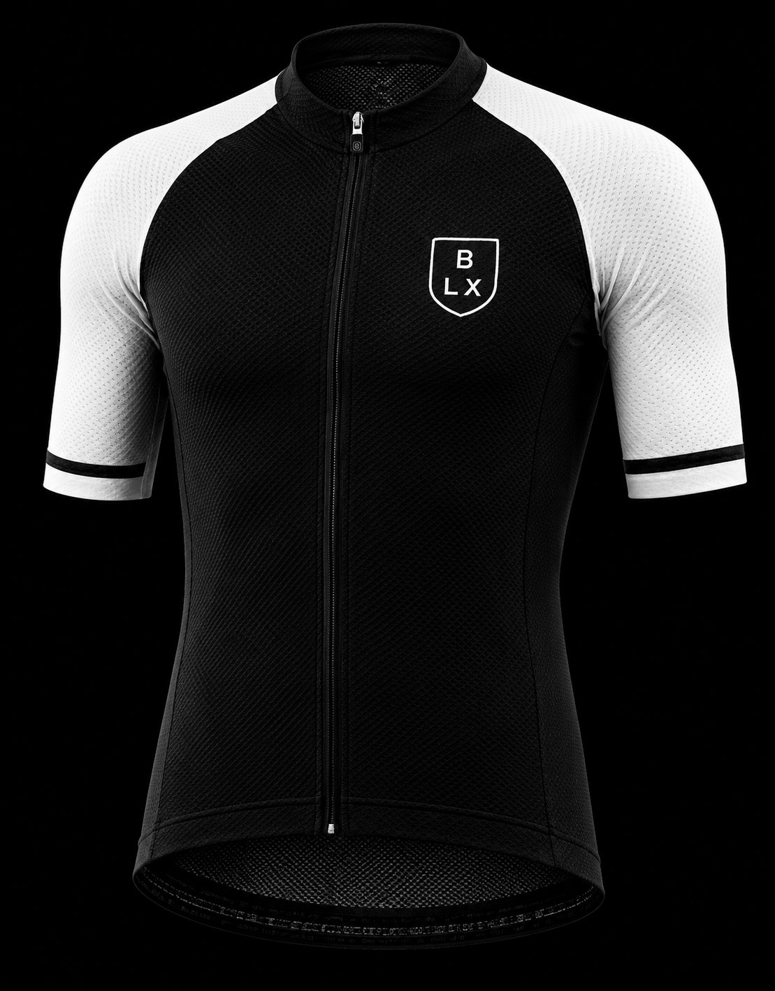 B-LOX jersey, front — black body with white sleeves and shield badge